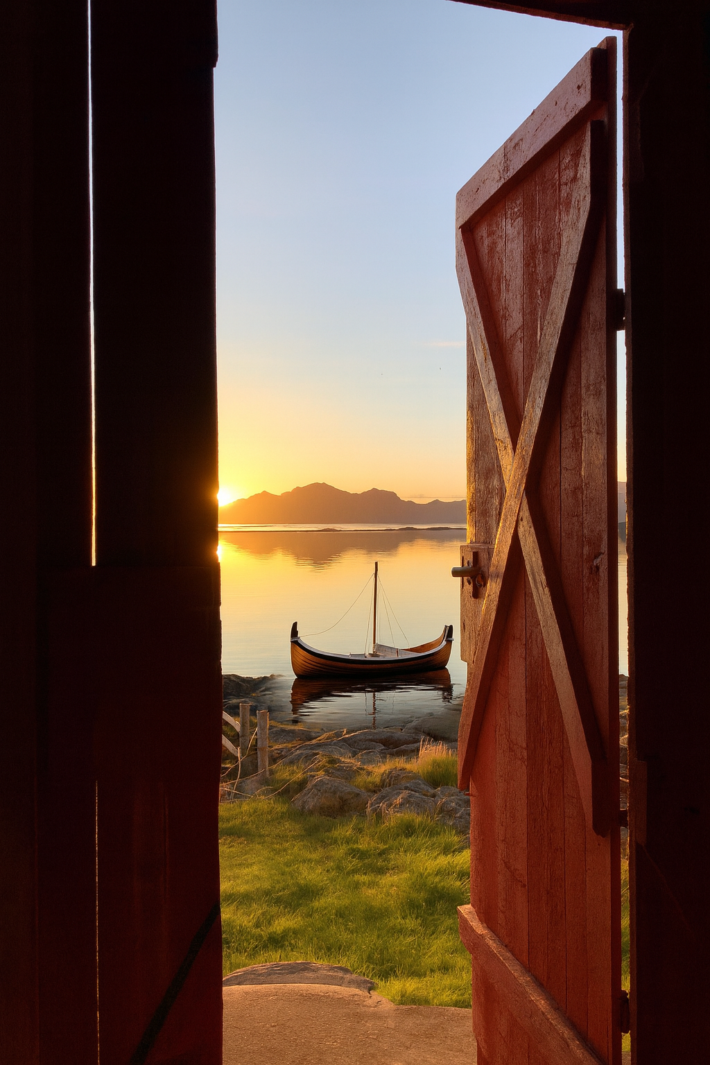 Traditional Nordlandsbåt framed by an open red boathouse door in glowing evening light