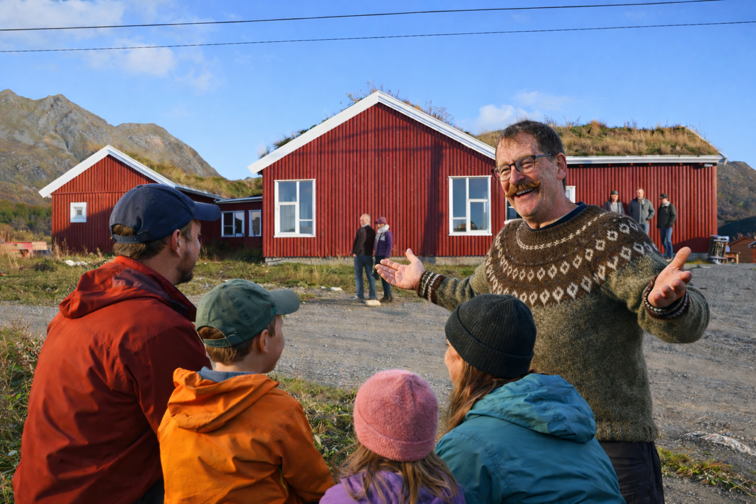 VISDI host in a wool sweater welcoming a family with open arms in front of red turf-roof cabins