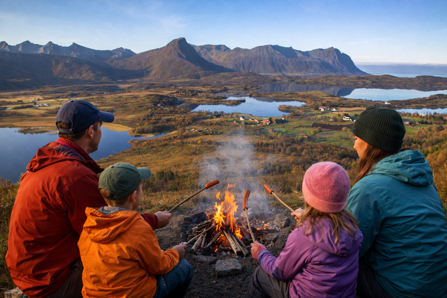 Family grilling sausages over an open campfire on a ridge above the Livland valley in autumn