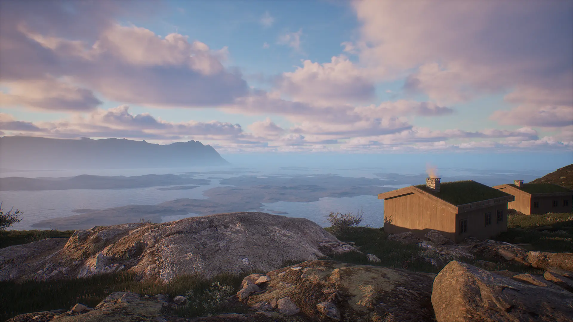 Digital reconstruction of the turf-roofed barracks in Rangeldalen overlooking the sea at dusk
