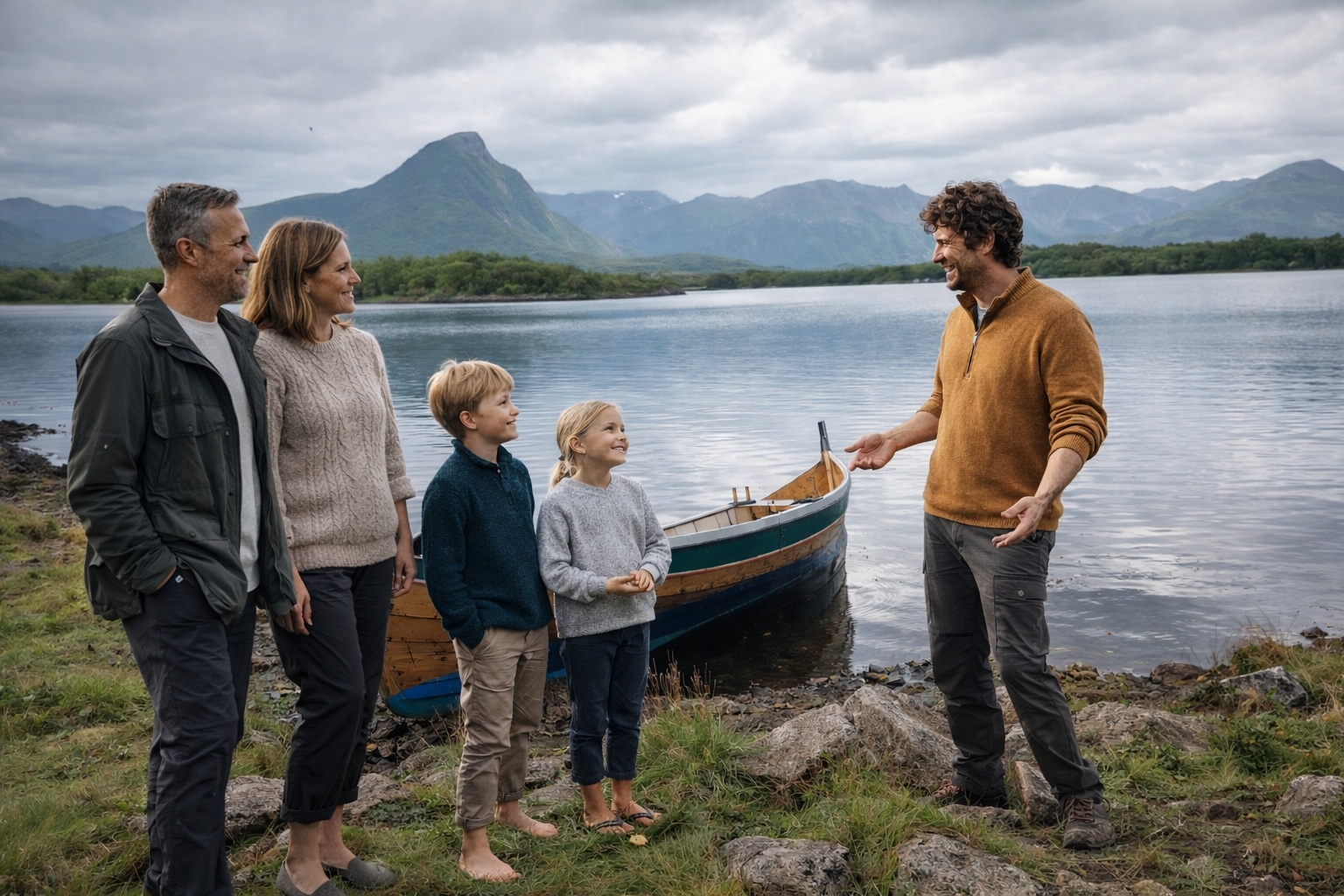 Family of four meeting a VISDI guide beside a traditional Nordlandsbåt on a still Lofoten lake