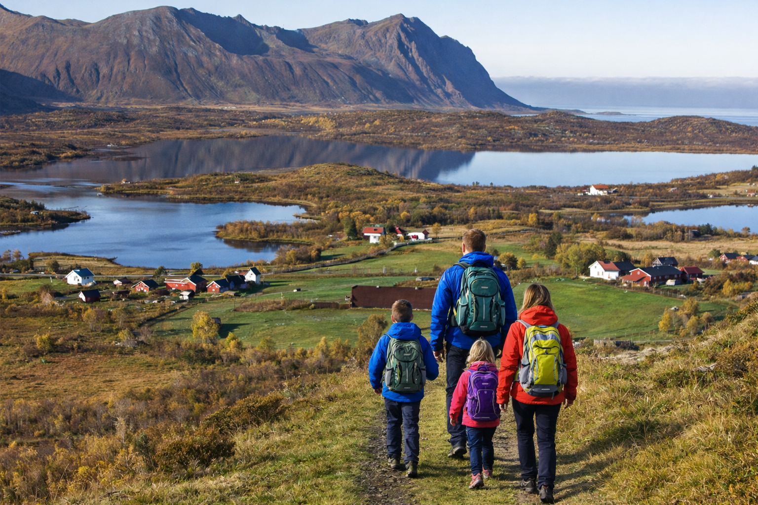 Family walking down a grassy ridge above Livland's lakes, red cabins and Lofoten peaks