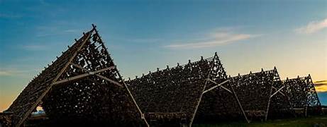 Stockfish drying racks at Hjellan in Laukvik silhouetted against a summer evening sky