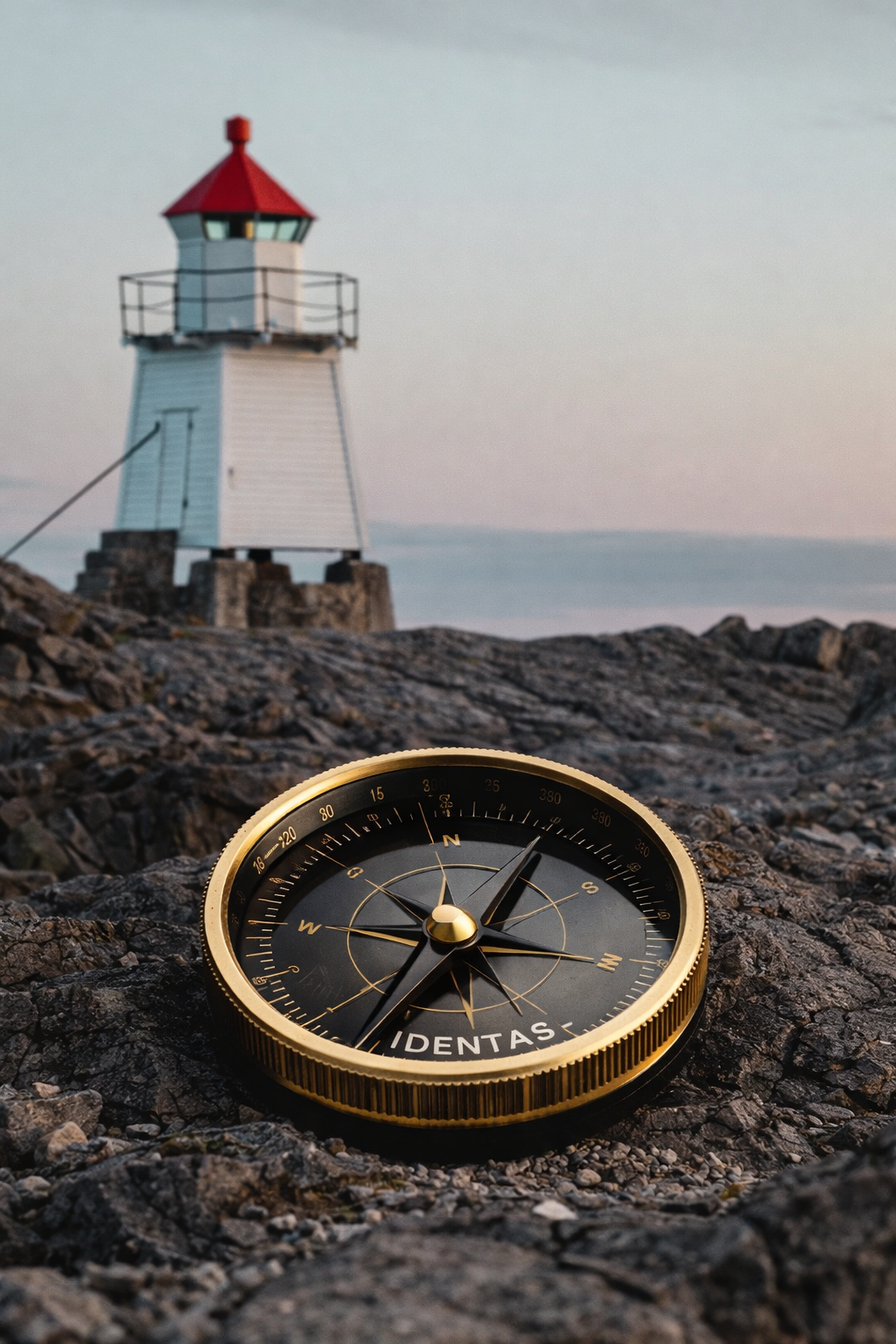 Brass compass resting on granite in the foreground of a red-capped Lofoten lighthouse at dusk