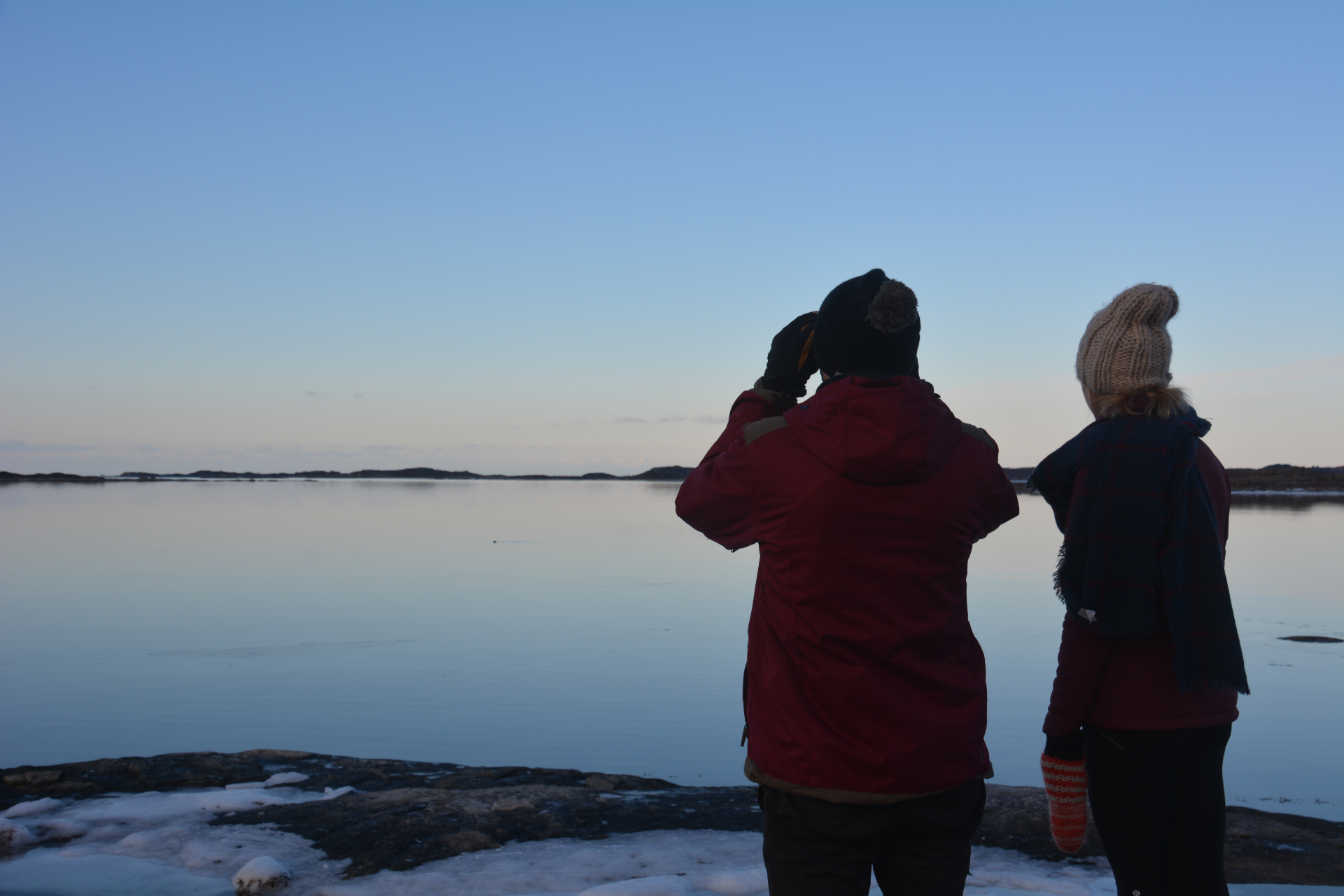 Two guests in red parkas watching birds across a mirror-still Arctic bay at dusk